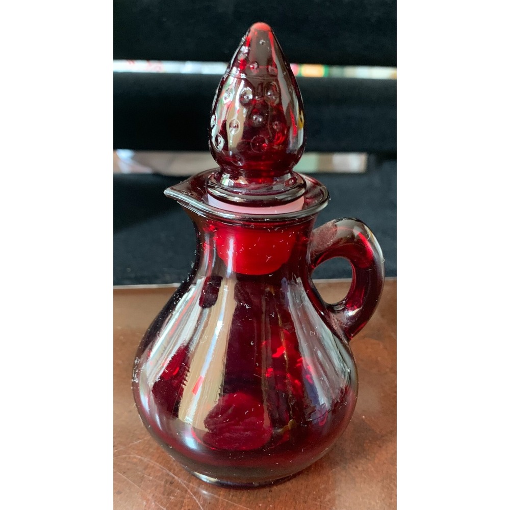 Avon Ruby‎ Red Vintage Perfume Oil Cruet Decanter Pitcher. Strawberry Top Bottle